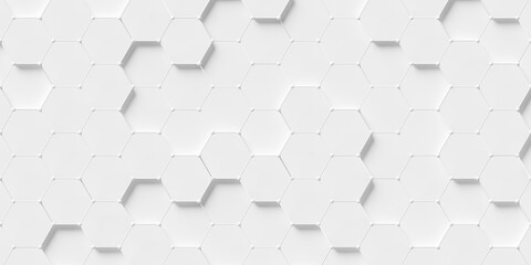 Obraz premium Grid of white randomly moved polygon hexagons or honeycombs with wireframe outline and spheres geometry background wallpaper banner, flat lay top view