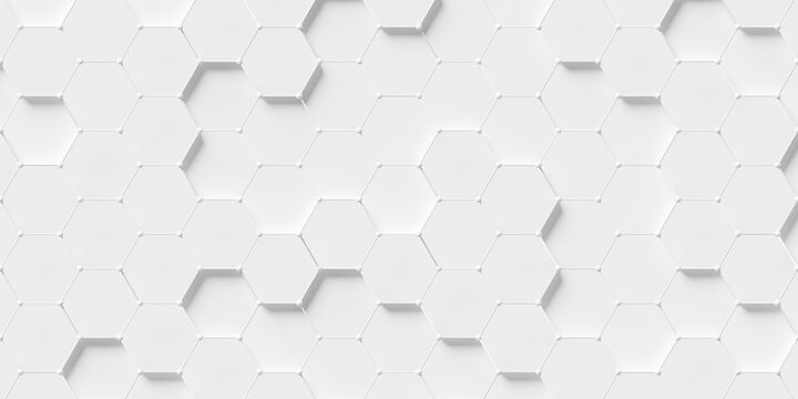 Grid of white randomly moved polygon hexagons or honeycombs with wireframe outline and spheres geometry background wallpaper banner, flat lay top view