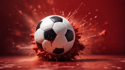 Naklejka premium Soccer Ball on Red Explosive Background l concept of a soccer ball with splashes, copy space ,banner
