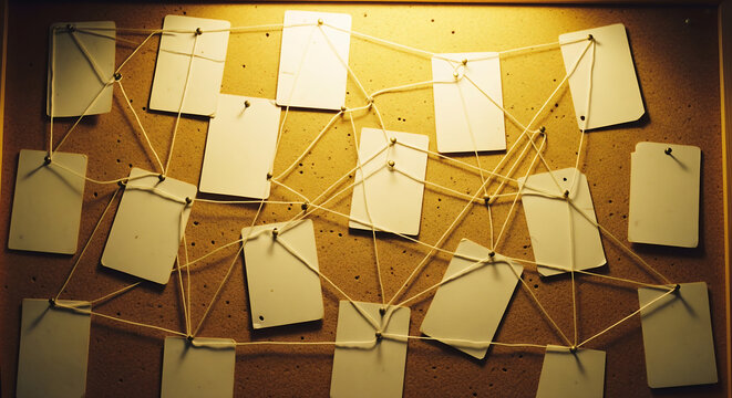 Overhead View of Detective's String and Pin Evidence Board with Blank Cards