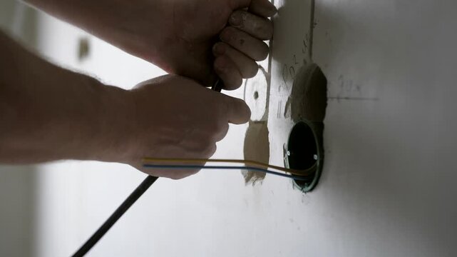 Professional electrician cutting and stripping electrical wires using special tool during home renovation. Preparing cables for installation of electrical sockets and switches.