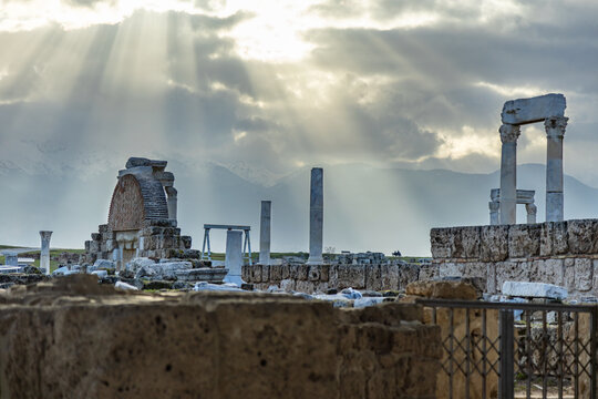 Ancient ruins of Laodicea under dramatic skies