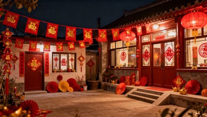 Naklejka premium Beautiful traditional house decorated with red lanterns and festive ornaments during Chinese New Year celebration. Warm lights and cultural decorations create a joyful Lunar New Year atmosphere.