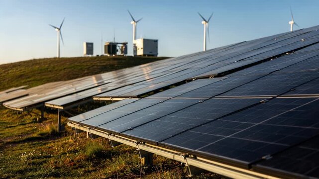 Side view of solar panel rows sharply detailed while the hilltop wind turbines and grid tiein transformers remain softly out of focus.