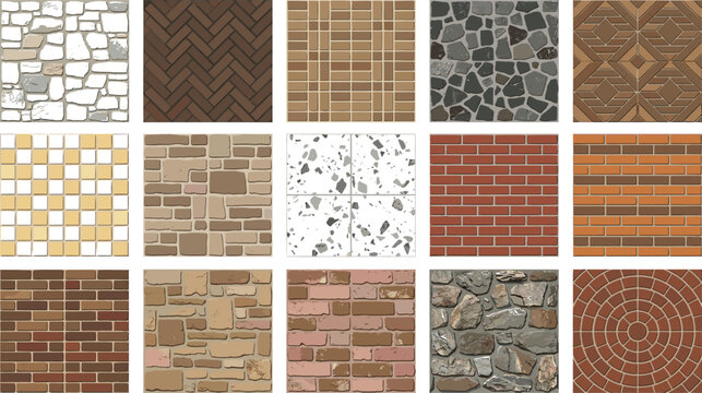 Tile pattern illustration collection featuring stone, brick, ceramic, mosaic, herringbone, geometric layouts, interior design vector set