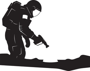 Obraz premium Astronaut character vector illustration kneeling on ground with ray gun tool in line art