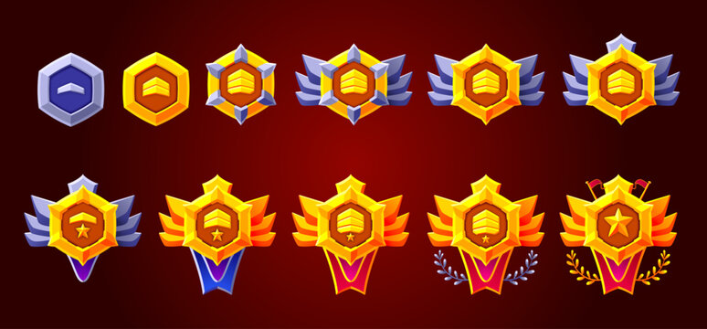 Rank level badges set. Silvered and golden. High quality vectors. Perfect for games.
