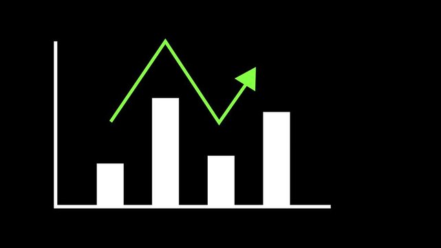 Bar chart with an upward-pointing arrow indicating growth in the second bar from the left, Modern and vibrant bar chart, Ideal for business and financial reports.