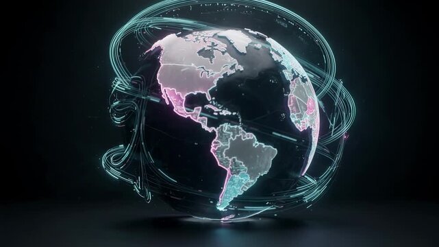 Medium shot of a rotating stylized globe covered in streaming data pathways focus on a highlighted edge server region with softly blurred adjacent continents and networks.