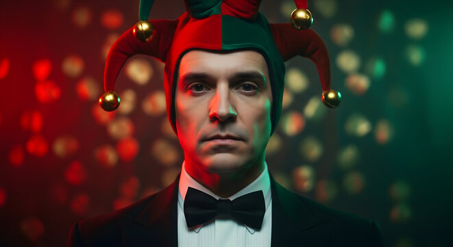 April fools day prankster in tuxedo with red and green lights on face