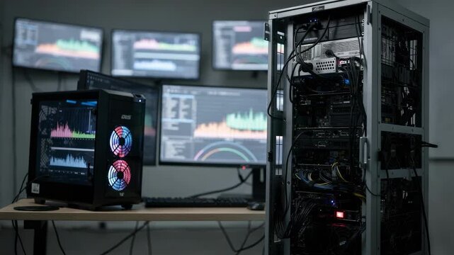 Hybrid workstation medium shot showing simultaneous transcoding on local hardware and cloud displays with primary server rack sharply detailed.