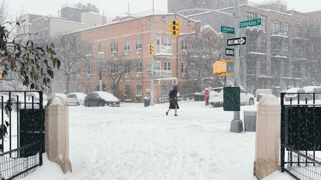 Snowy Brooklyn neighborhood during winter storm