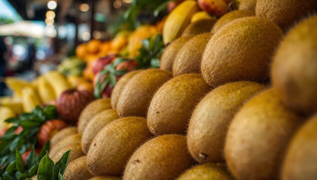 Fresh melons neatly stacked at a vibrant outdoor farmers market. Natural organic fruits arranged in rows showcasing abundance, harvest season, and healthy nutrition concepts.