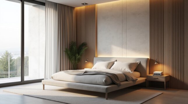 Interior de dormitorio contempor&aacute;neo, cama plataforma tama&ntilde;o king, ropa de cama de lino suave, ventana del suelo al techo