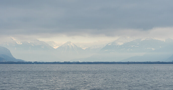 Serene view of alps and lake Geneva in Switzerland