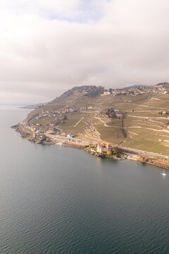 Aerial view of Vevey vineyards by Lake Geneva in Switzerland