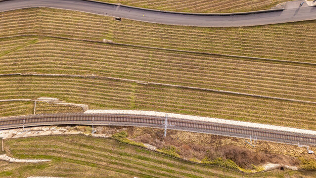 Lavaux terraces with road and railway in Switzerland