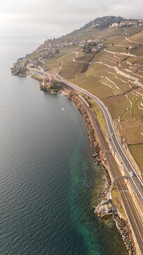 Aerial view of Lavaux vineyard terraces in Vevey