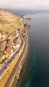 Scenic aerial view of Lavaux vineyard terraces in Switzerland