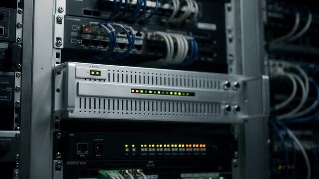 Medium shot of digital radio multiplex equipment racks glowing with status LEDs main unit sharply focused while surrounding cables softly blur.