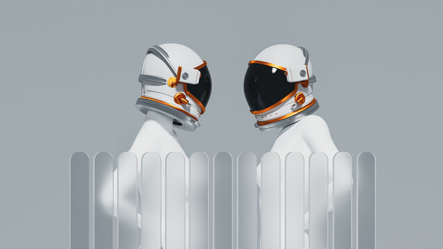 Two females astronaut stands behind frosted glass, wearing a helmet