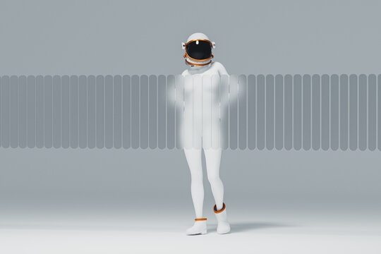 Female astronaut in helmet poses behind frosted glass in space setting