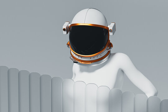 Female astronaut in helmet poses behind frosted glass in space setting