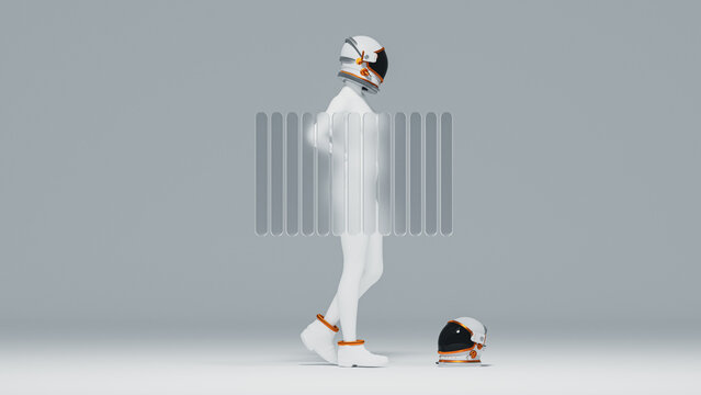 Female astronaut in helmet poses behind frosted glass in space setting