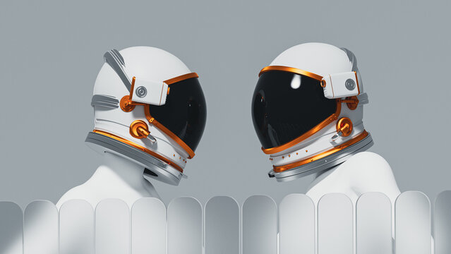 Two females astronaut stands behind frosted glass, wearing a helmet
