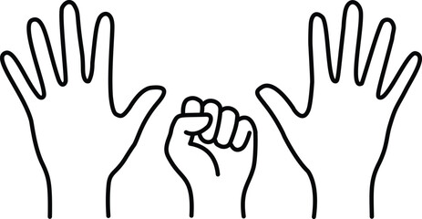 Obraz premium Minimalist line art hands with open palms and closed fist gesture icons, simple black outline vector illustration isolated on white background clean style