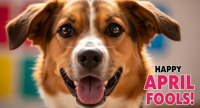 Happy april fools day dog prank image with smiling dog and colorful background
