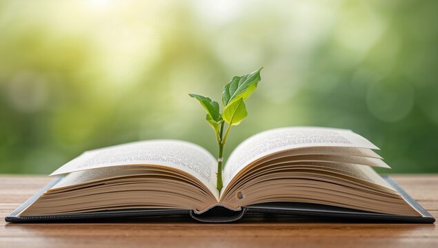Open book with green plant growing, concept of education and growth