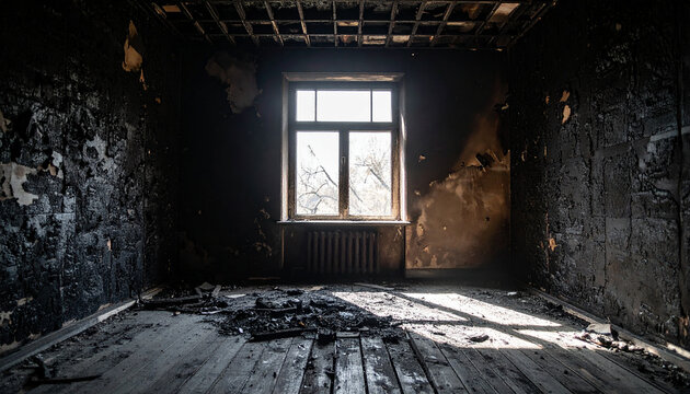 Empty burned room with single window, damaged apartment interior after house fire, charred black walls and ceiling