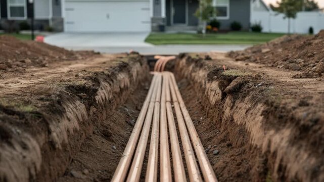 Installation of underground conduit ducts in a suburban subdivision emphasizing conduit alignment with homes softly blurred in the background.
