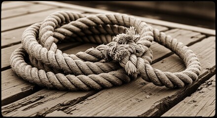 A vintage-style photograph of a thick, braided nautical rope coiled neatly on weathered wooden planks.