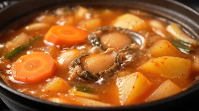 Delicious Abalone Stew with Potatoes and Carrots in a Pot.