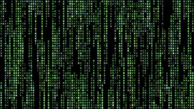 Green matrix code rain, vertical loop of falling numbers on black background.