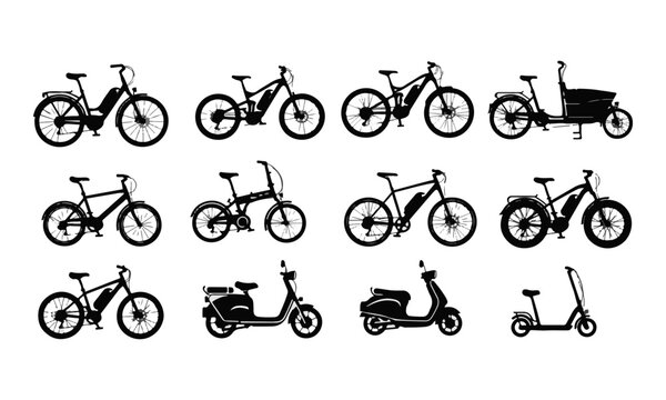 Collection of Black Electric Bicycle and Scooter Silhouettes Vector Icons