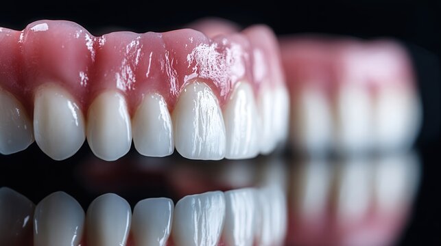 Close-up of realistic full dentures with white teeth and pink gums reflected on a glossy black surface.