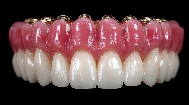 Close-up of upper dental prosthesis with artificial gums and teeth on a black background.