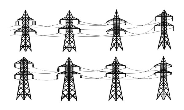 Black and White Line Art Electricity Pylon Towers with Connected Power Lines