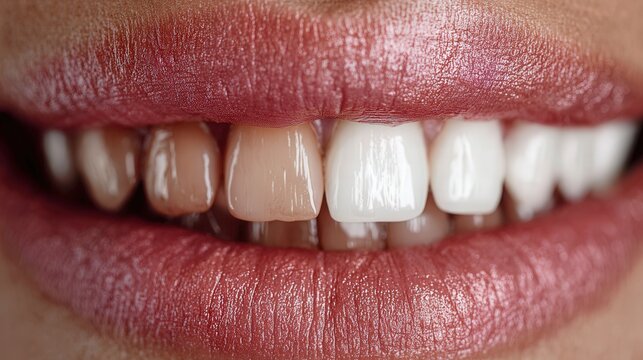 Close-up of smiling lips showing teeth whitening shades comparison with dental veneers color samples.