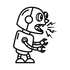 Fototapeta premium Minimalist black outline vector icon of angry robot character, isolated on a transparent background