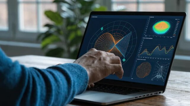 User analyzing live antenna tilt analytics on a laptop screen clearly visible with crisp software details operators hands in moderate focus against blurred environment.