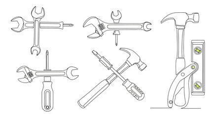 Obraz premium Collection of hand tools in outline style for construction repair
