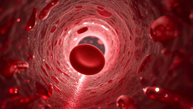 狭くなった血管内を流れる赤血球を表した血流の医学イメージ