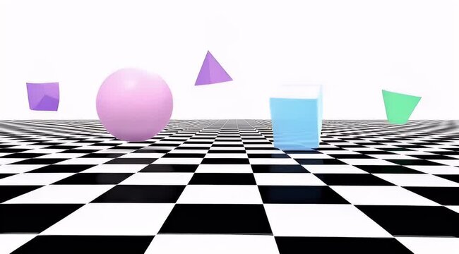 Abstract 3D geometric shapes floating over checkered floor, surreal vaporwave aesthetic with pastel primitives, retro digital landscape background