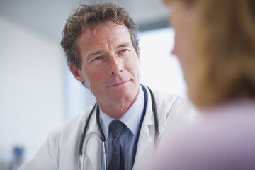 Fototapeta premium Male doctor listening attentively to a patient during a consultation in a bright medical office.