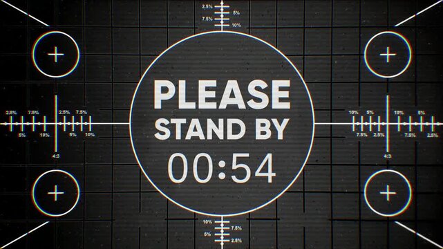 Please stand by test screen with countdown from 59 seconds, retro style.