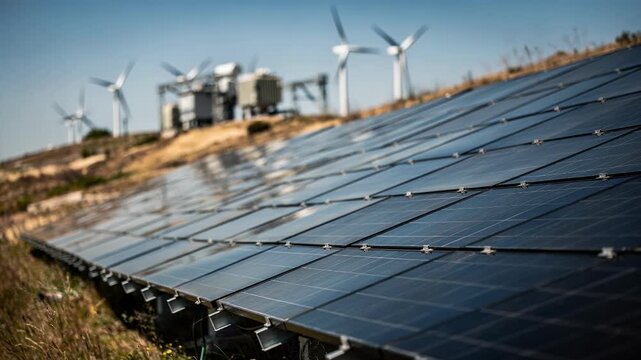 Side view of solar panel rows sharply detailed while the hilltop wind turbines and grid tiein transformers remain softly out of focus.